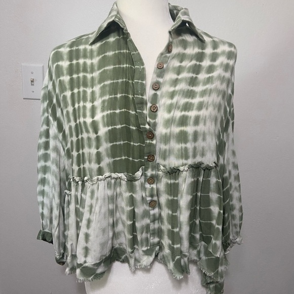 Shop Neighbor women's S button front tye dye peplum crop long sleeve EUC - Picture 1 of 8
